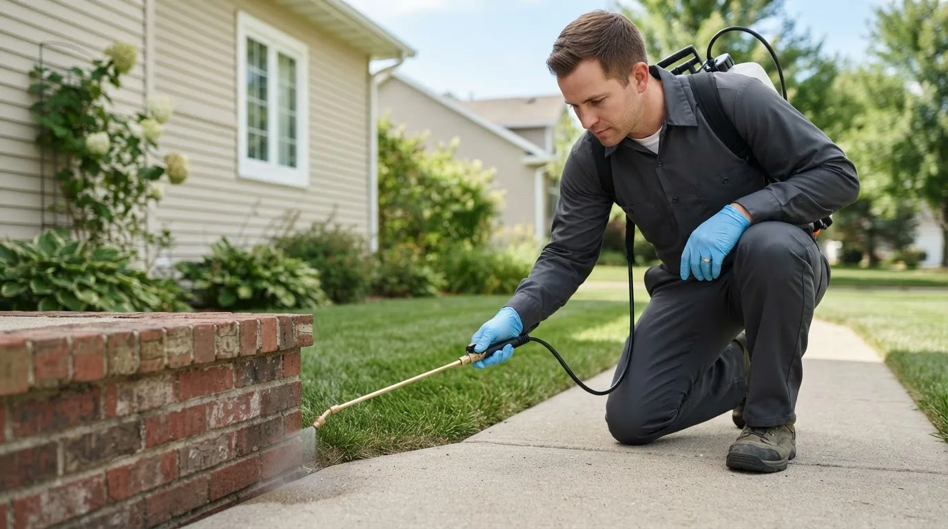 Pest control technician treating a home near Coal City, IL